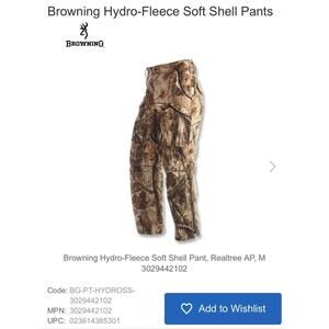 Browning Hydro-Fleece Soft Shell Pants, Realtree AP, Men's XXL(Rare Find)